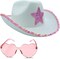 4E's Novelty 2 Sets White Cowgirl Hat with Pink Star, Brim Sequins and Light Pink Heart Sunglasses - Sparkly Cowgirl Hat Perfect Cowgirl Costume for Girls